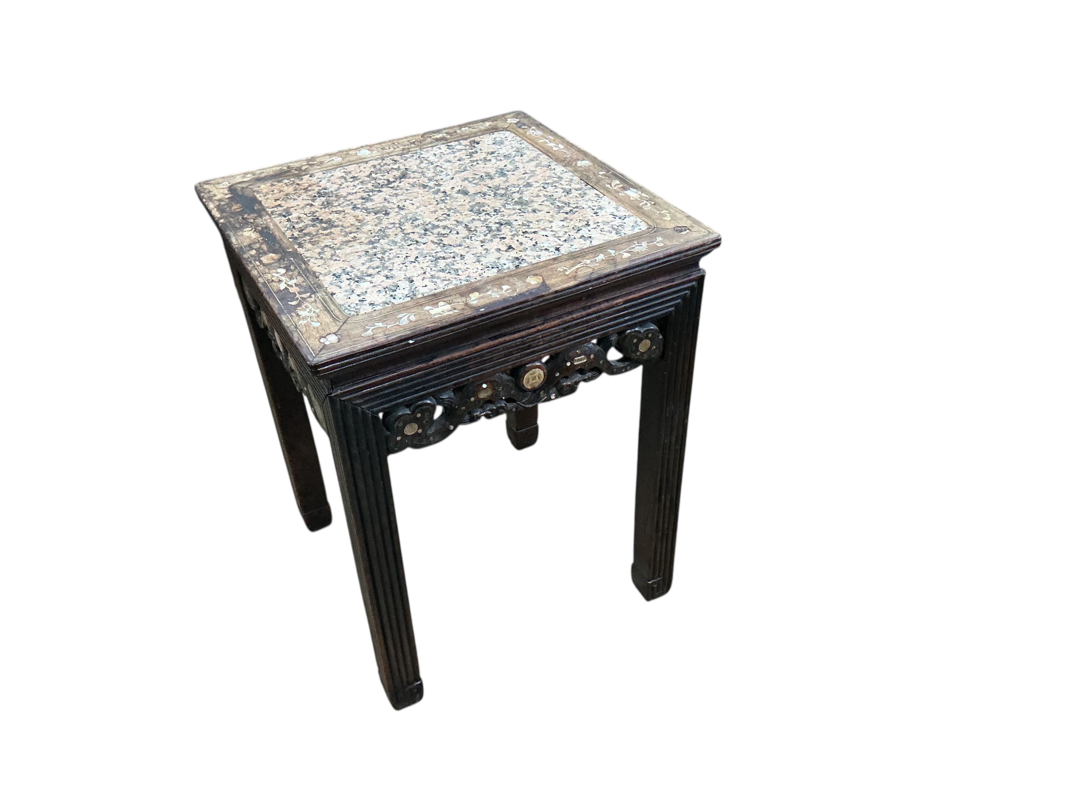 A late 19th century Chinese rosewood and mother of pearl inlaid marble top vase stand, width 41cm, height 52cm
